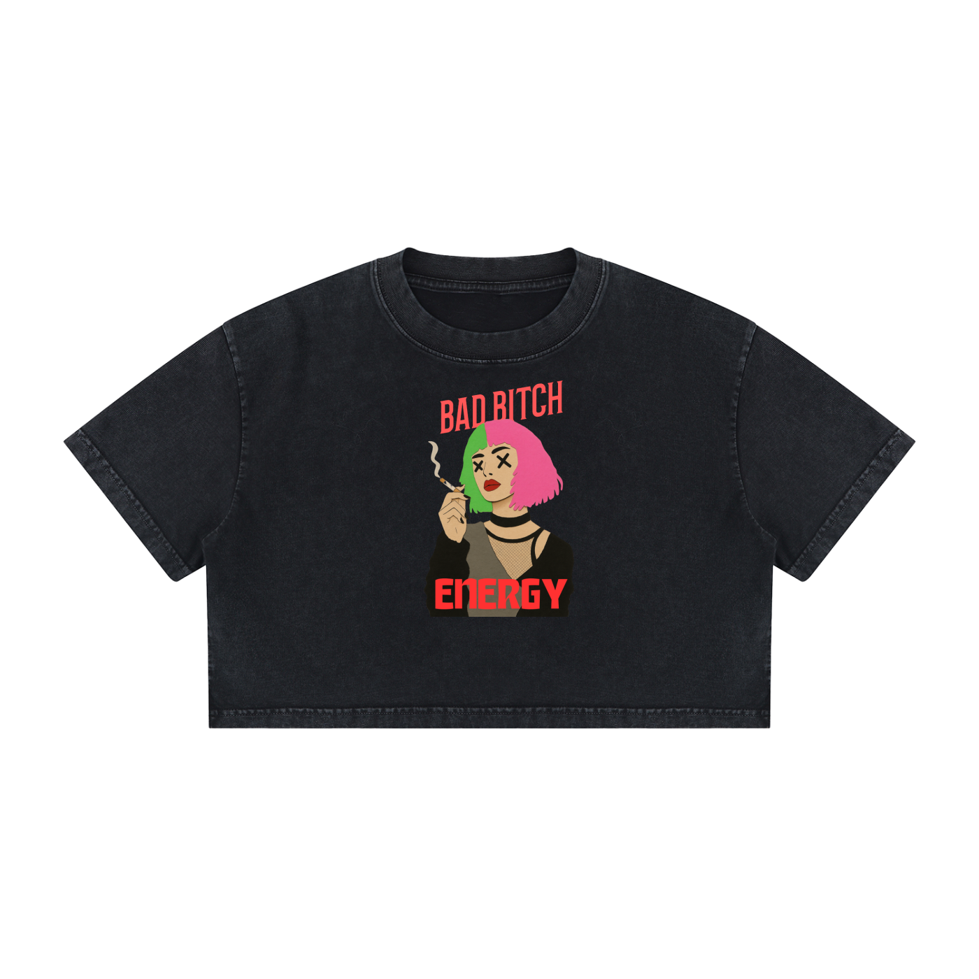 BAD BITCH ENERGY-Women's-Mineral Wash Cotton Crop T-Shirt